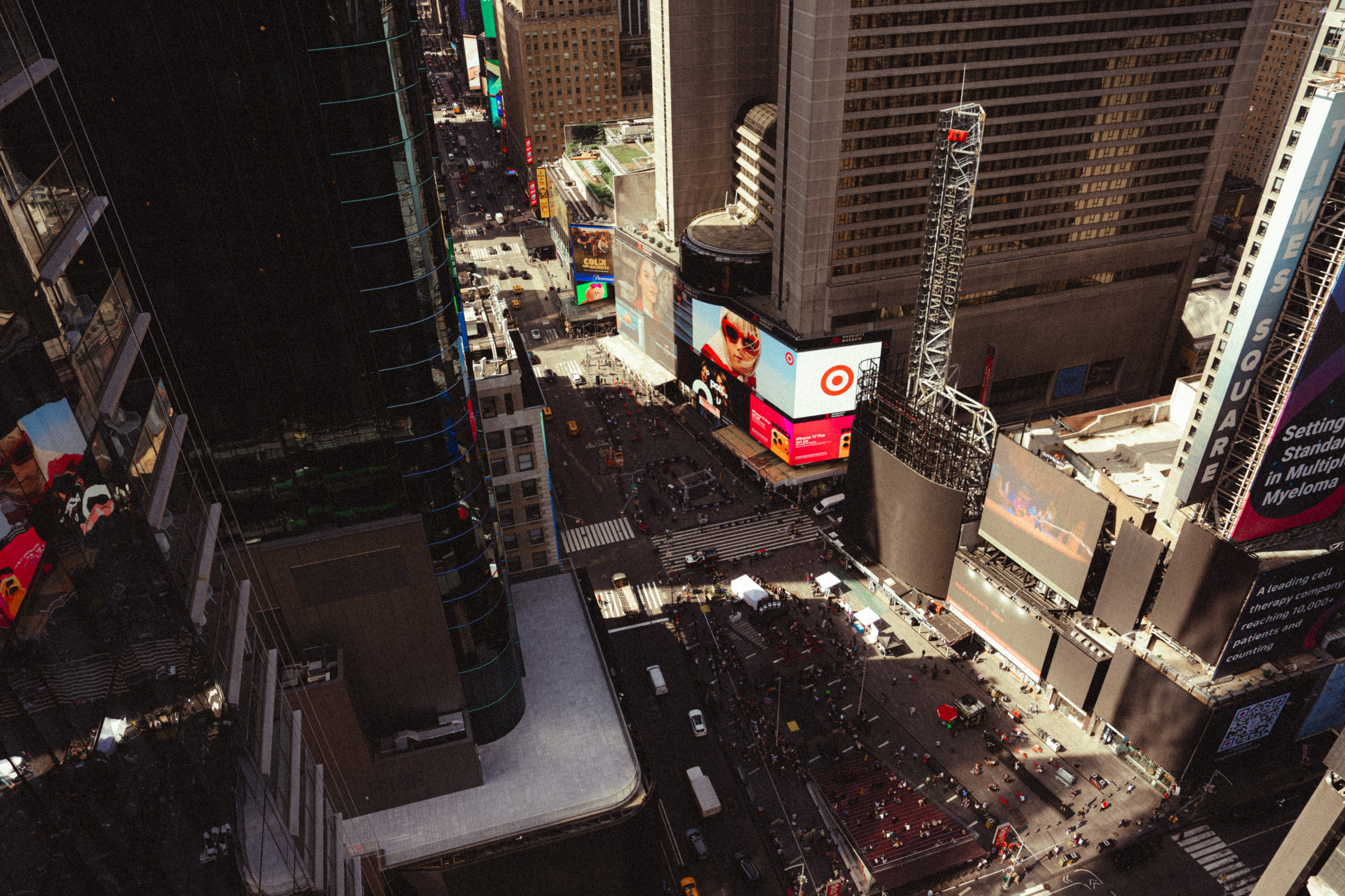 Times Square streets and buildings viewed from above