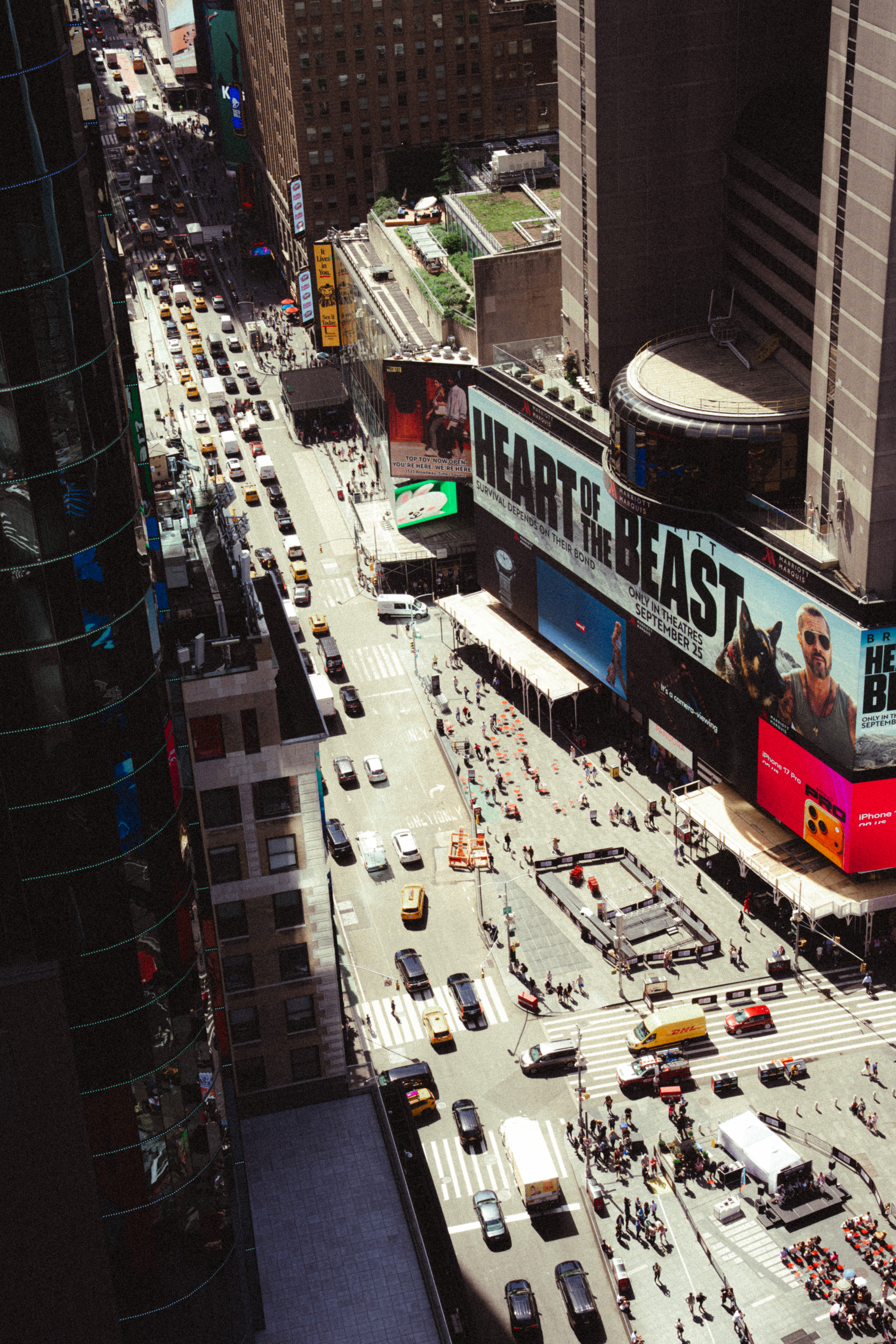 Times Square streets and buildings viewed from above