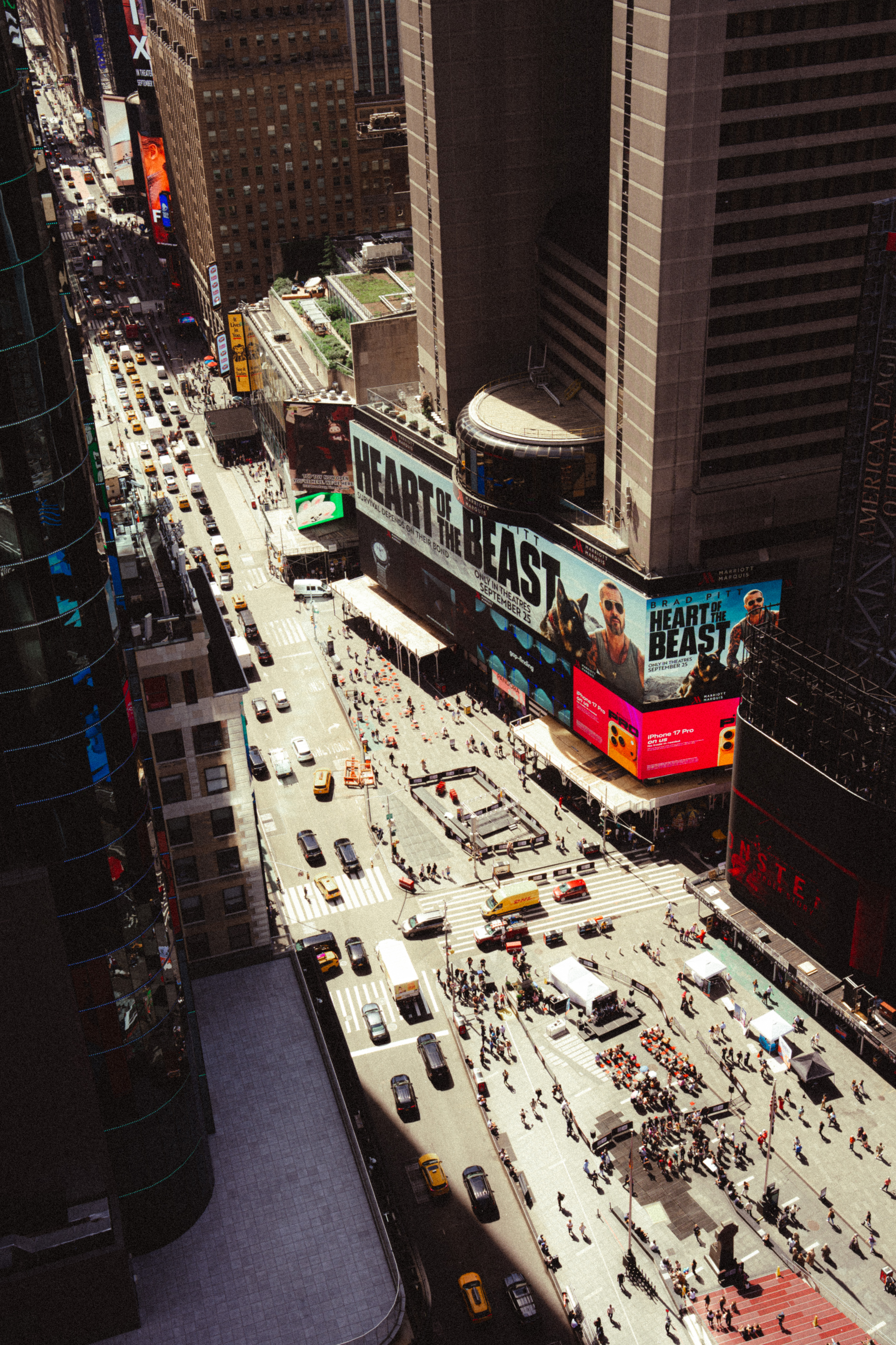Times Square streets and buildings viewed from above