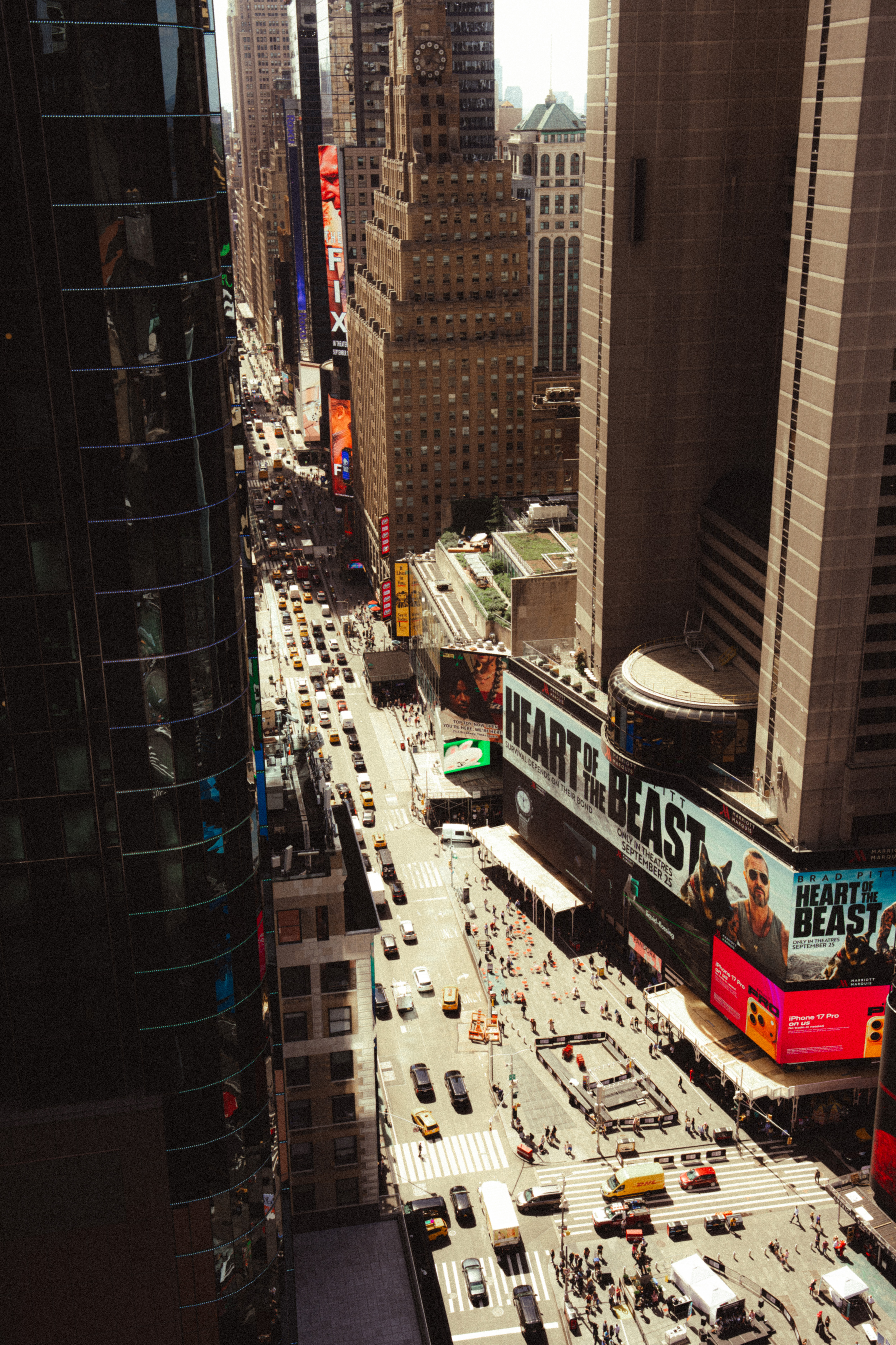 Times Square streets and buildings viewed from above